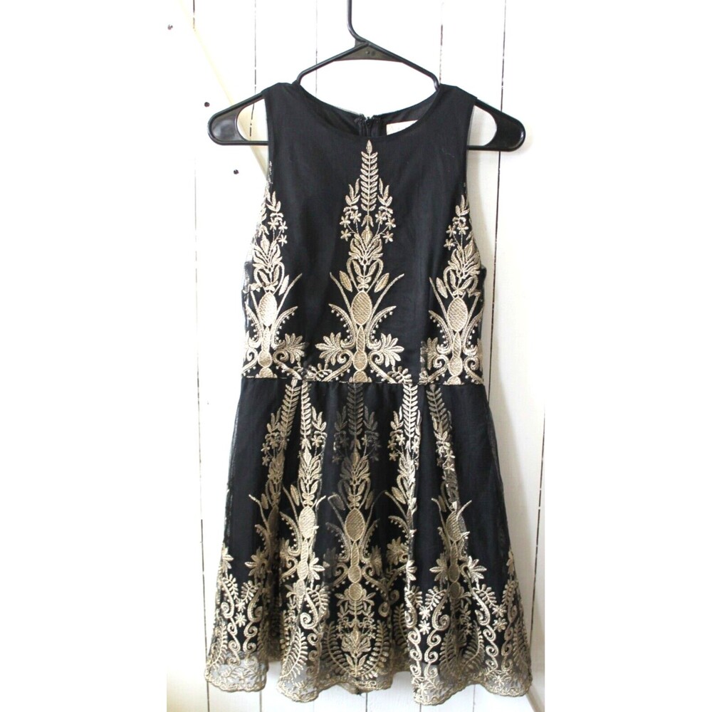 Altar'd State Festive Black Gold Embroidered Dress Knee Length Size Med. 10-12